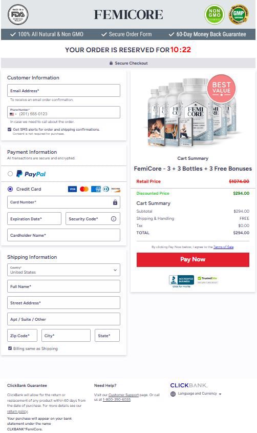 FemiCore Checkout Page